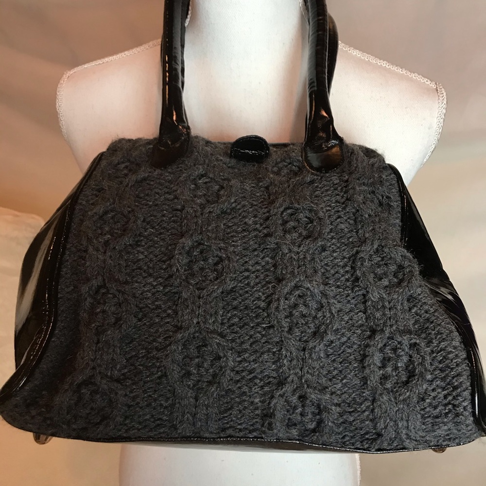 Gray Cable Woven Purse Bag with Black Handles NWOT